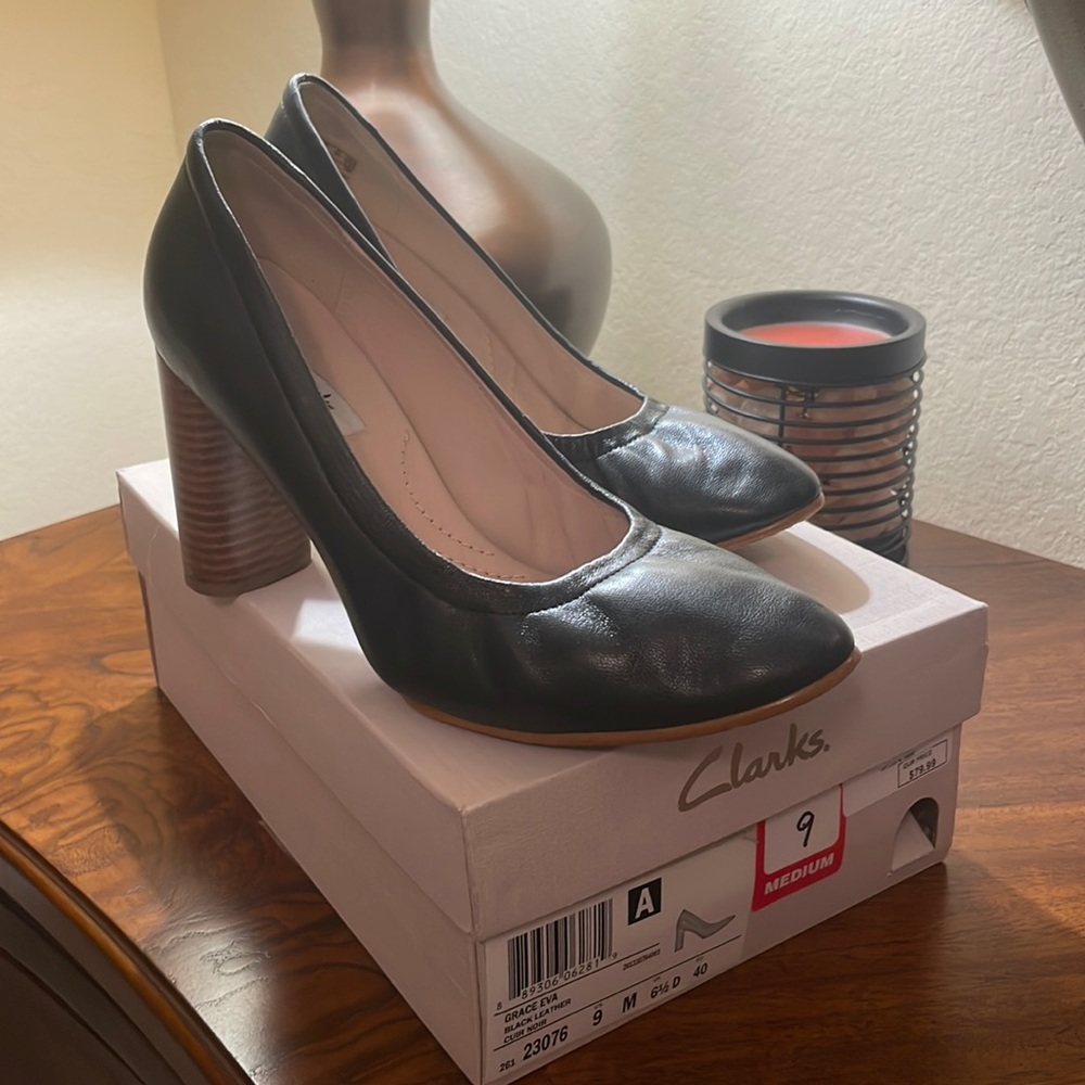 Clarks Grace Eva Black Leather Heals